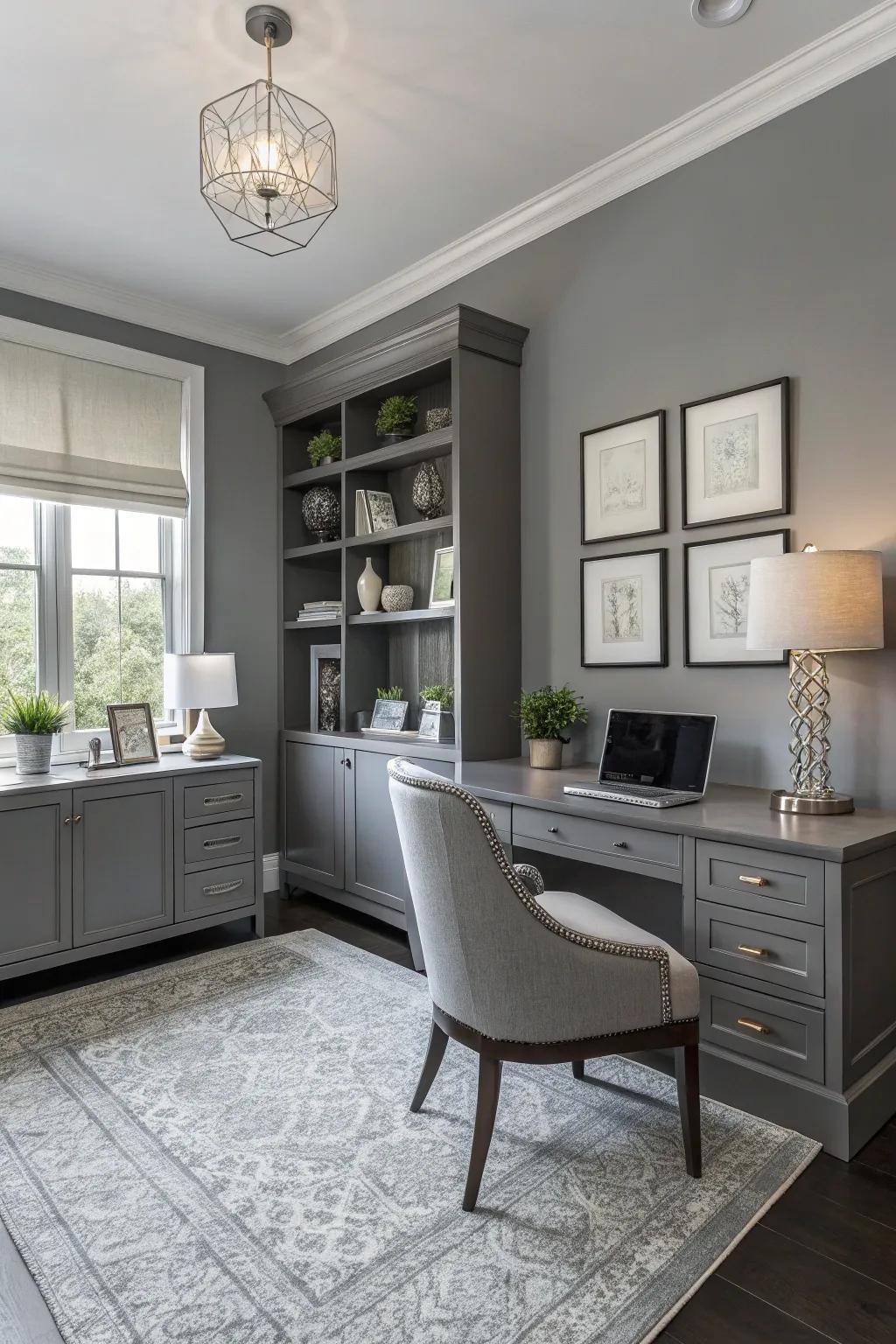 A uniform gray arrangement in a sophisticated home office.