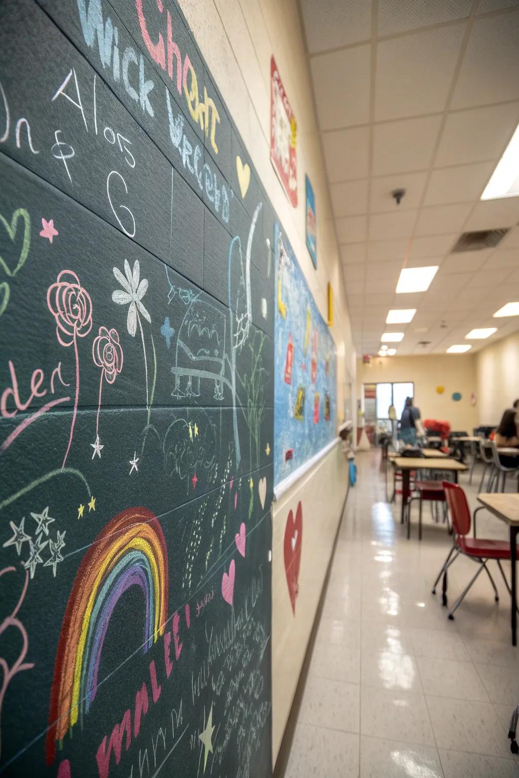 Chalkboard paint wall filled with student creativity