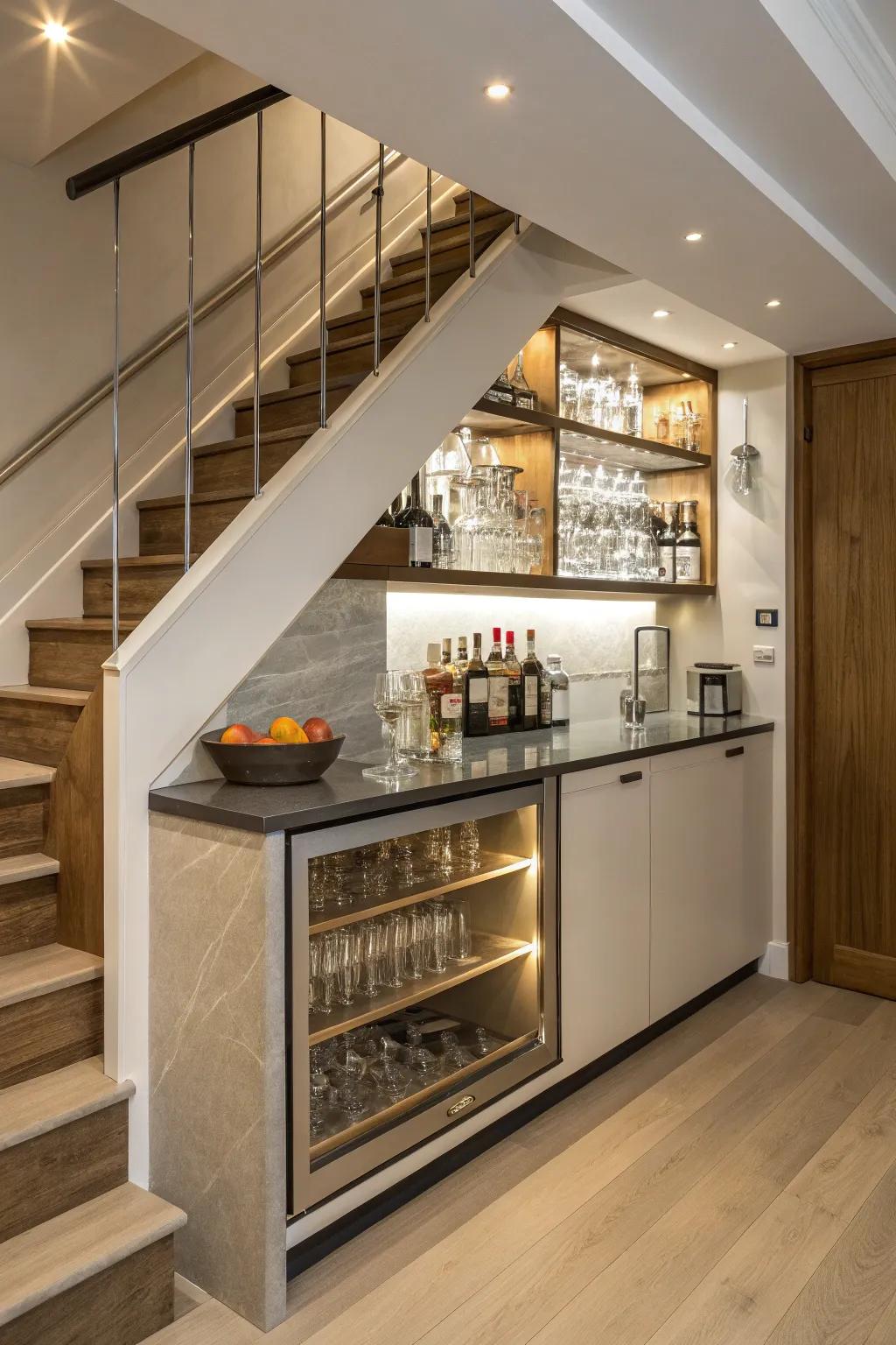 A compact bar beneath the staircase is ideal for hosting gatherings.