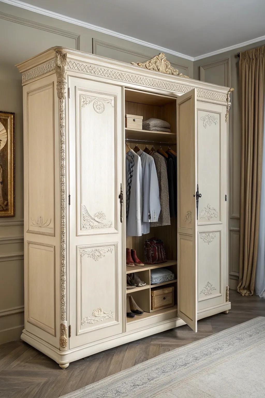 A wardrobe fitted with a secret door, enhancing curiosity.