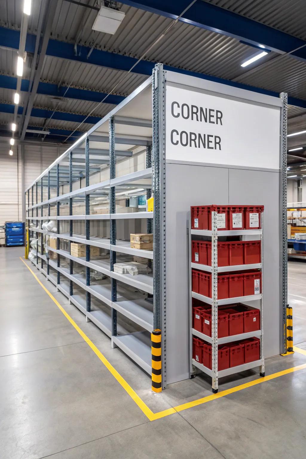 Corner shelving utilizes underused spaces.
