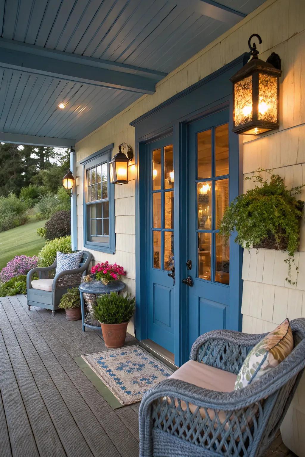 Create a welcoming vibe with warm blue accents in your outdoor entryway.