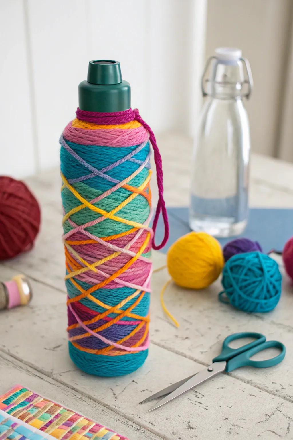 A spirited hydration container looped in multihued fiber.