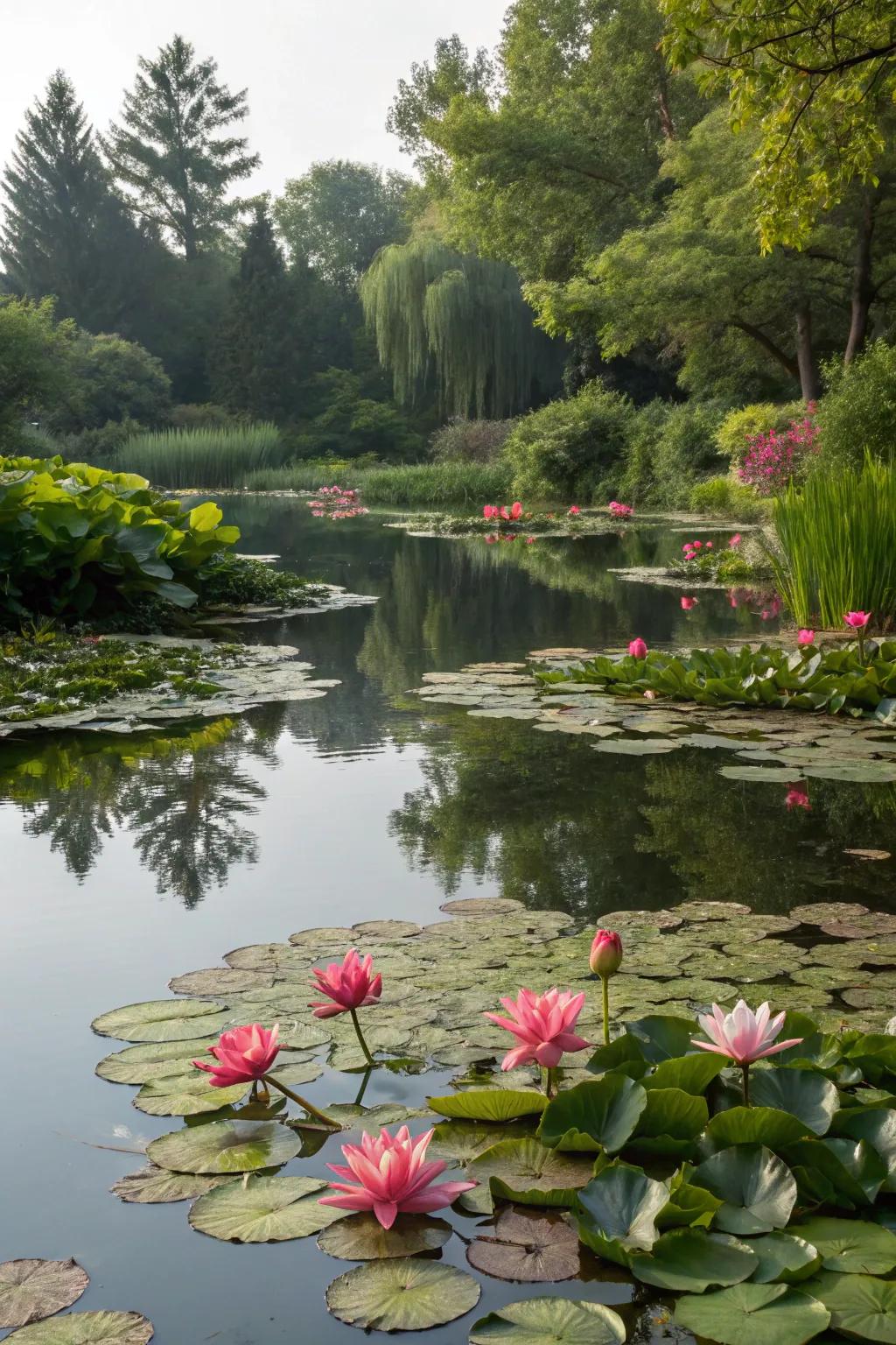 Aqueous plant showcases enhance the elegance of ponds with texture and color.