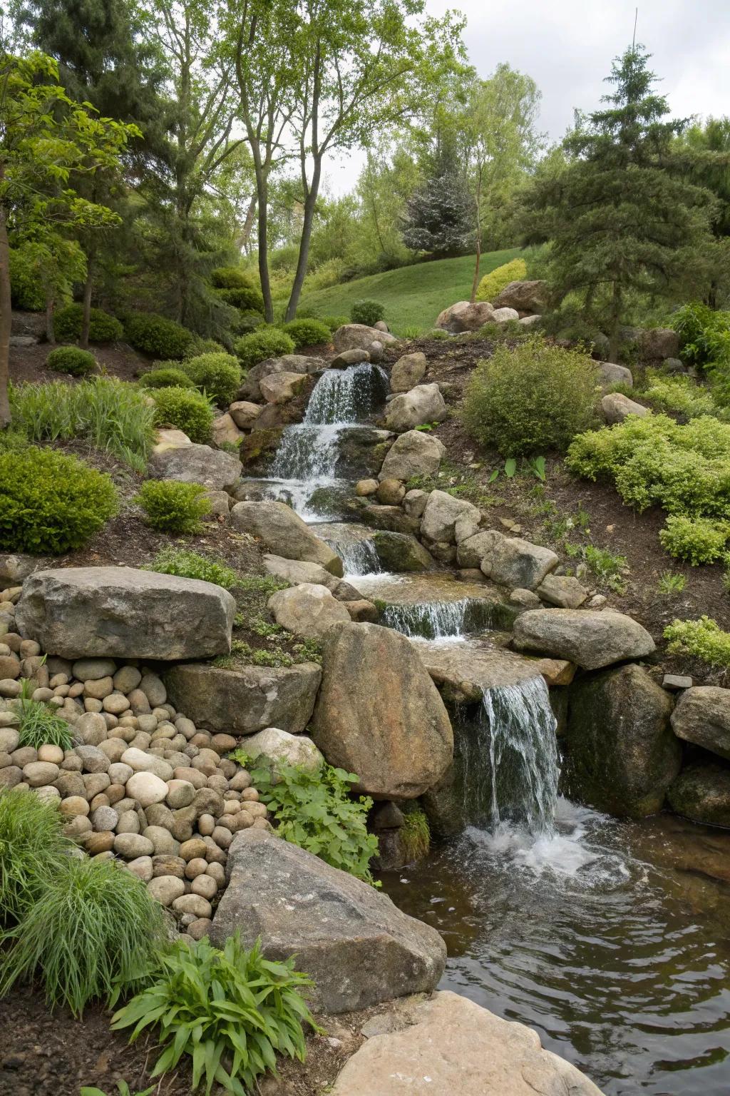 An exquisite stone cascade flowing down a natural gradient within a garden.