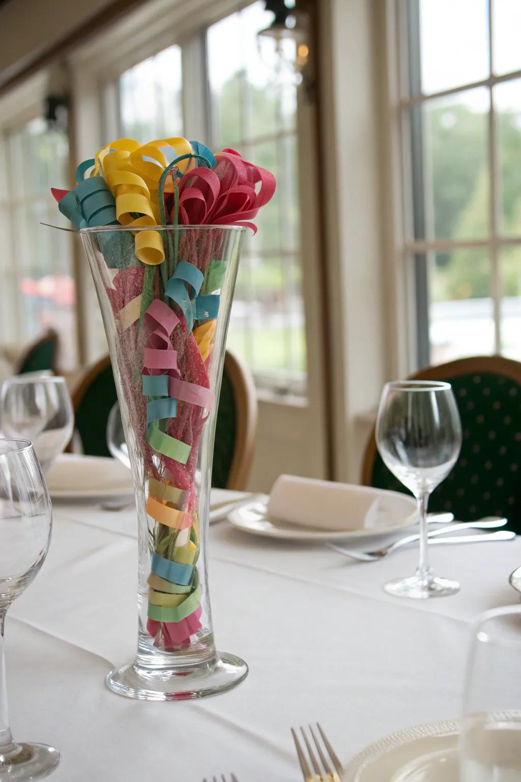 A ribbon vase that adds a colorful touch to your decor.