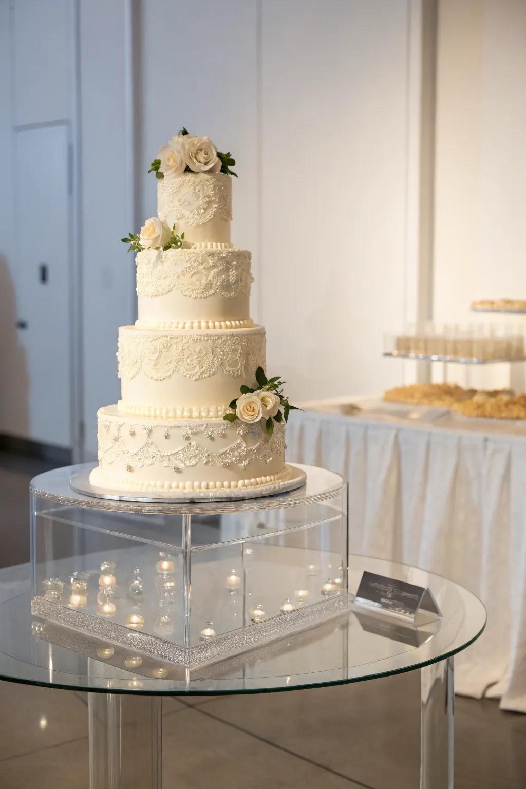 Clear stages lending a contemporary nuance to the wedding cake display.
