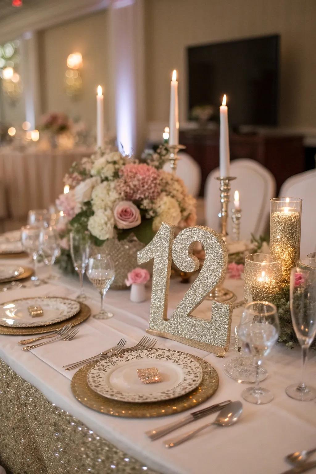 Sparkly numerals introduce a touch of glamour to your wedding decor.