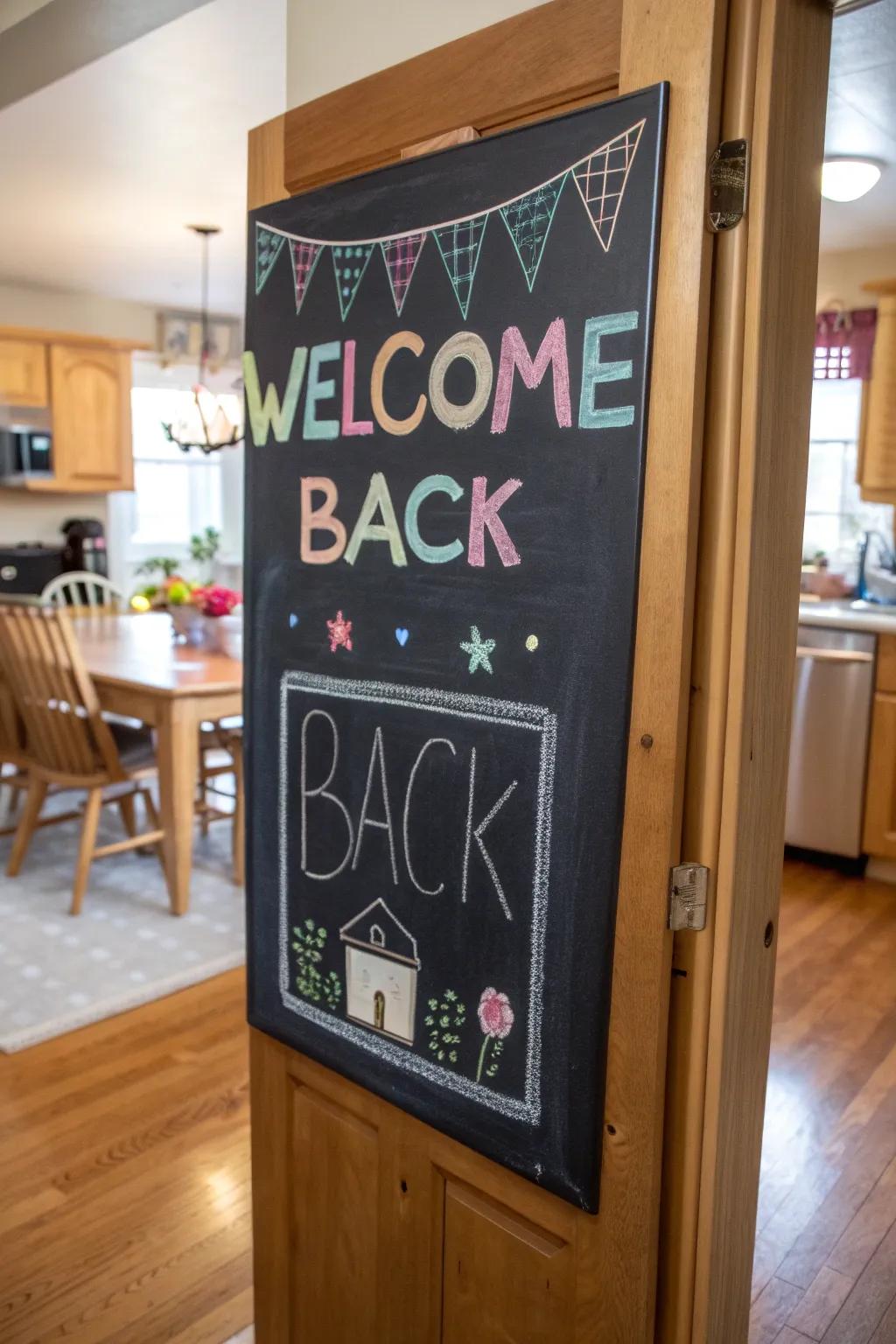 Interactive chalkboard elements offer personalization in a family kitchen.