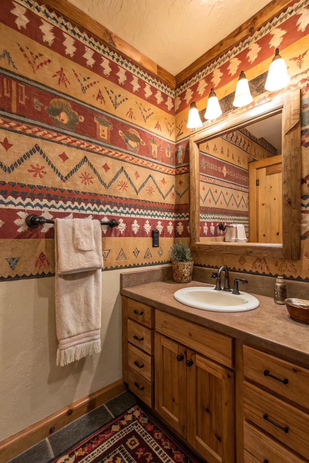 Southwest motif wallpaper creates a striking statement in this bathroom.