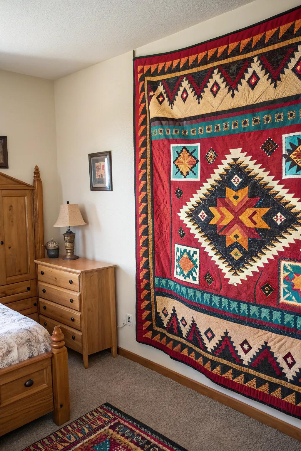 A Southwestern bedspread enhancing warmth and hues in a bedroom.