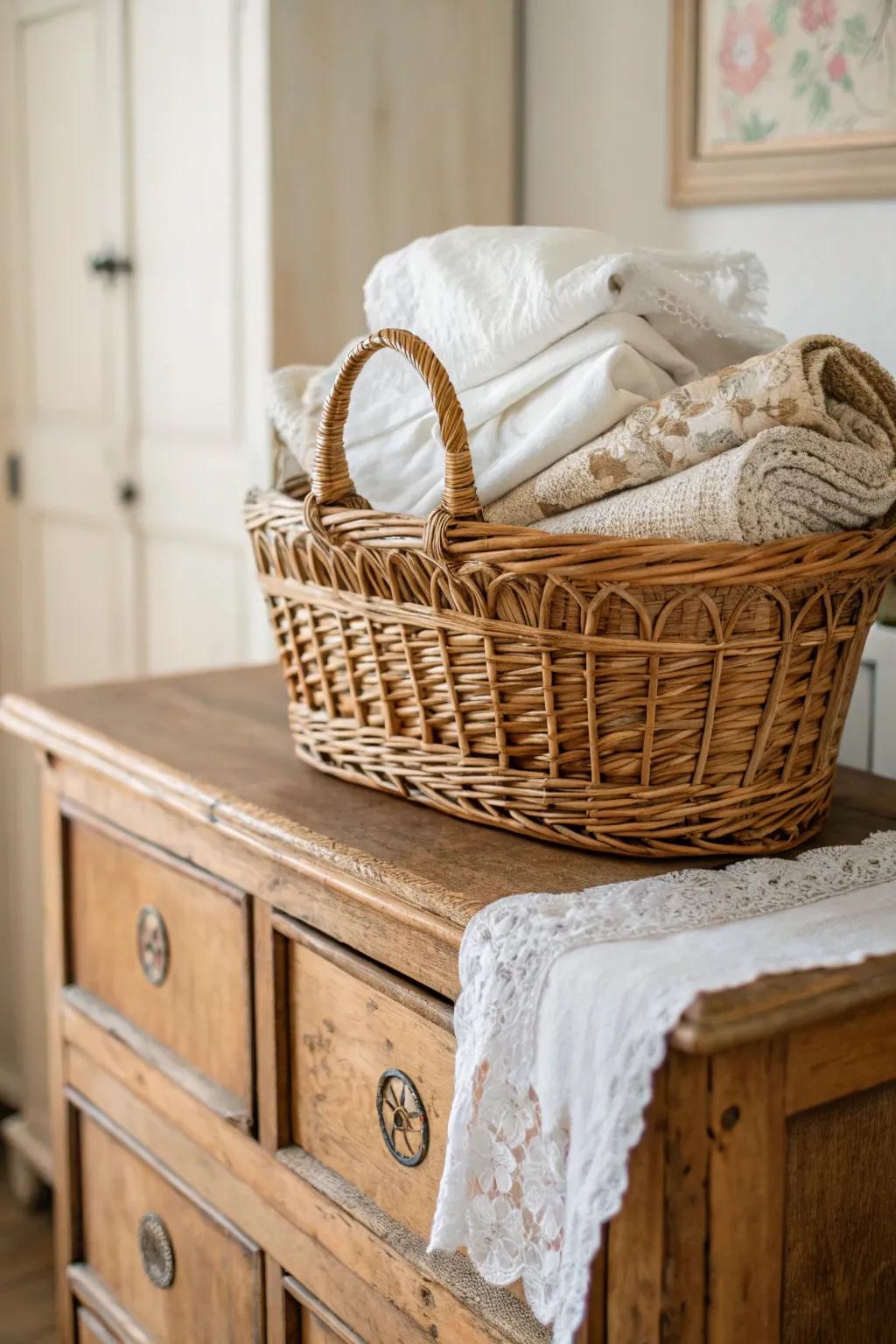 A basket filled with classic textiles injects an eternal essence into whichever design.