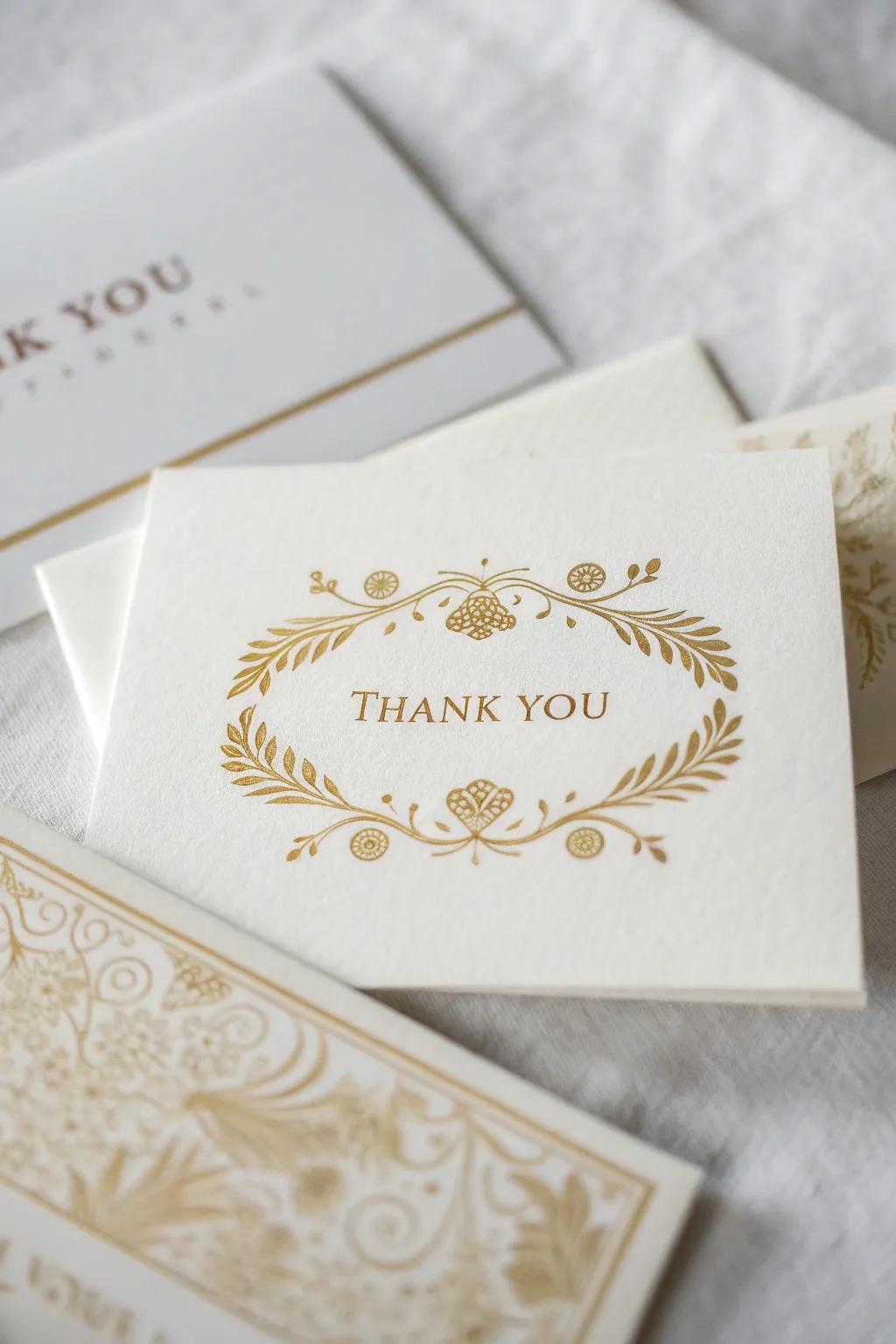 Gratitude postcards embossed in gold for a stylish farewell.