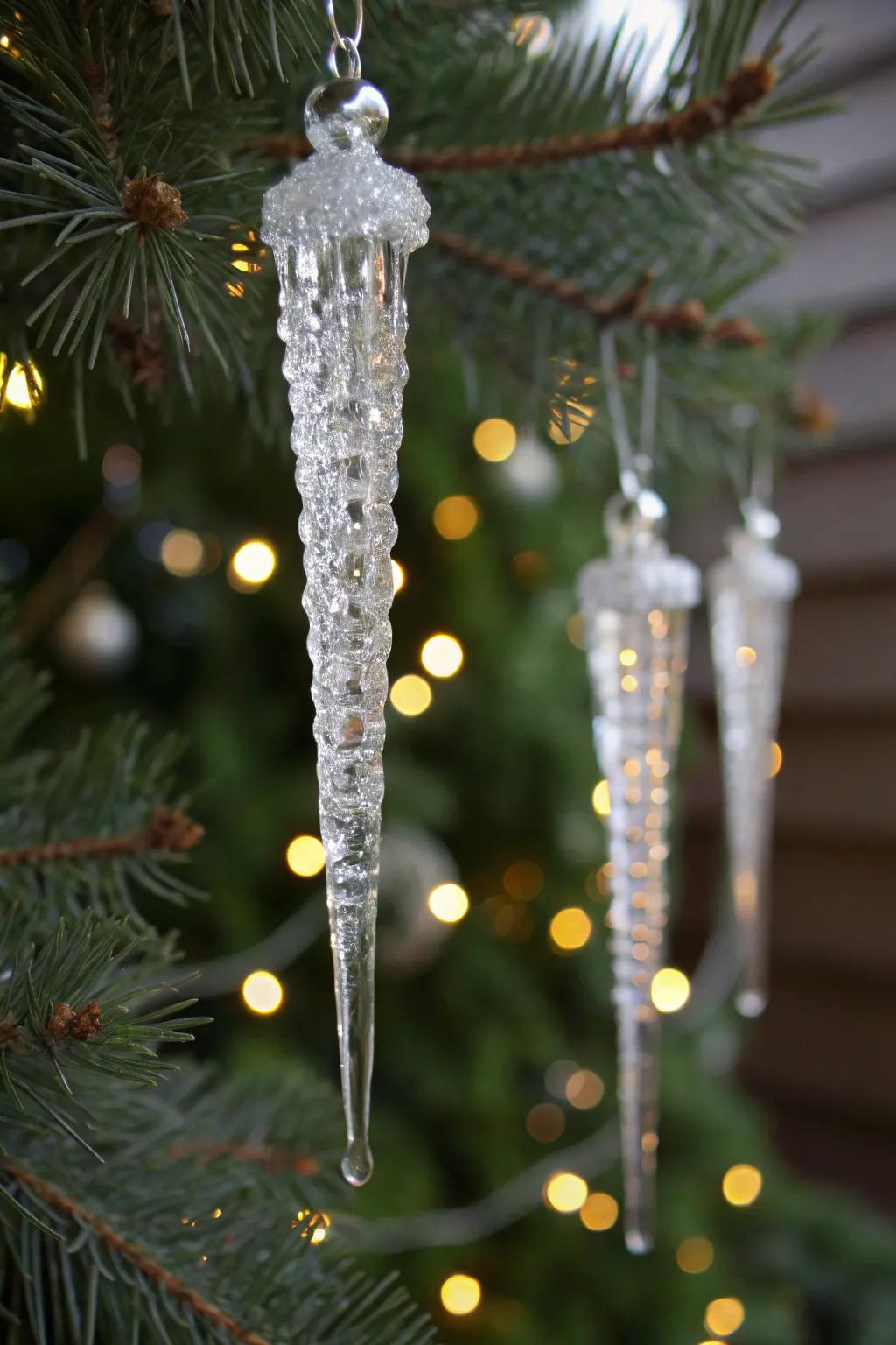Silver icicle ornaments for an icy, elegant look.