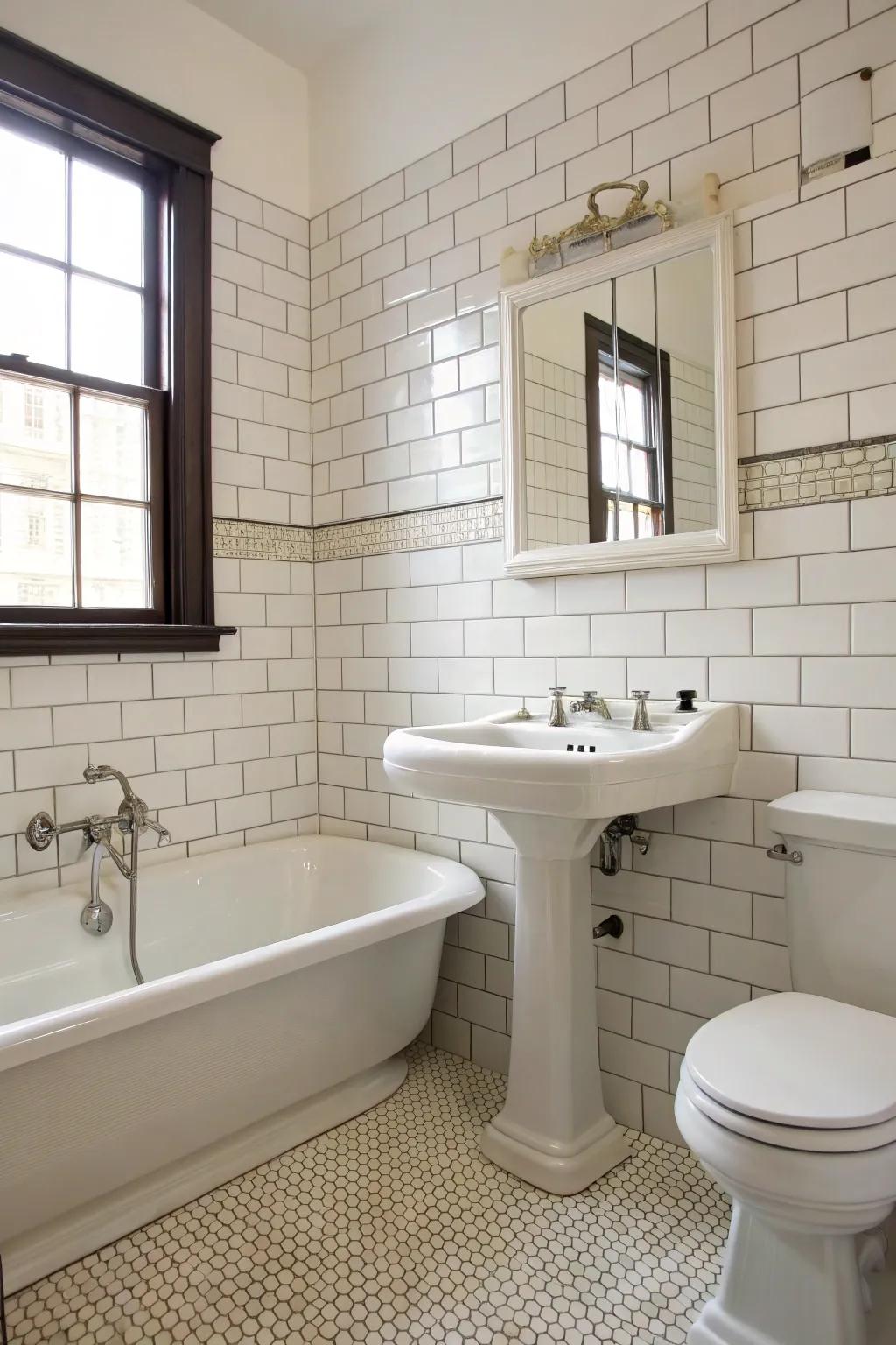 Vintage accents add a charming touch to white tiles.
