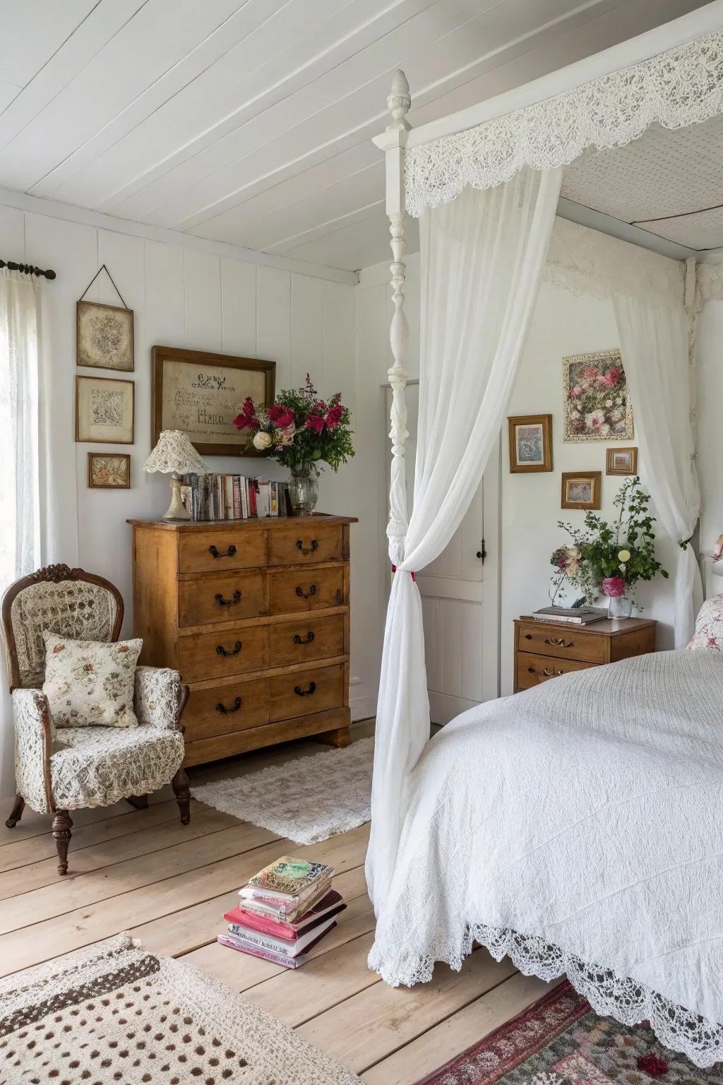 Retro items contribute charm to a white bedroom.