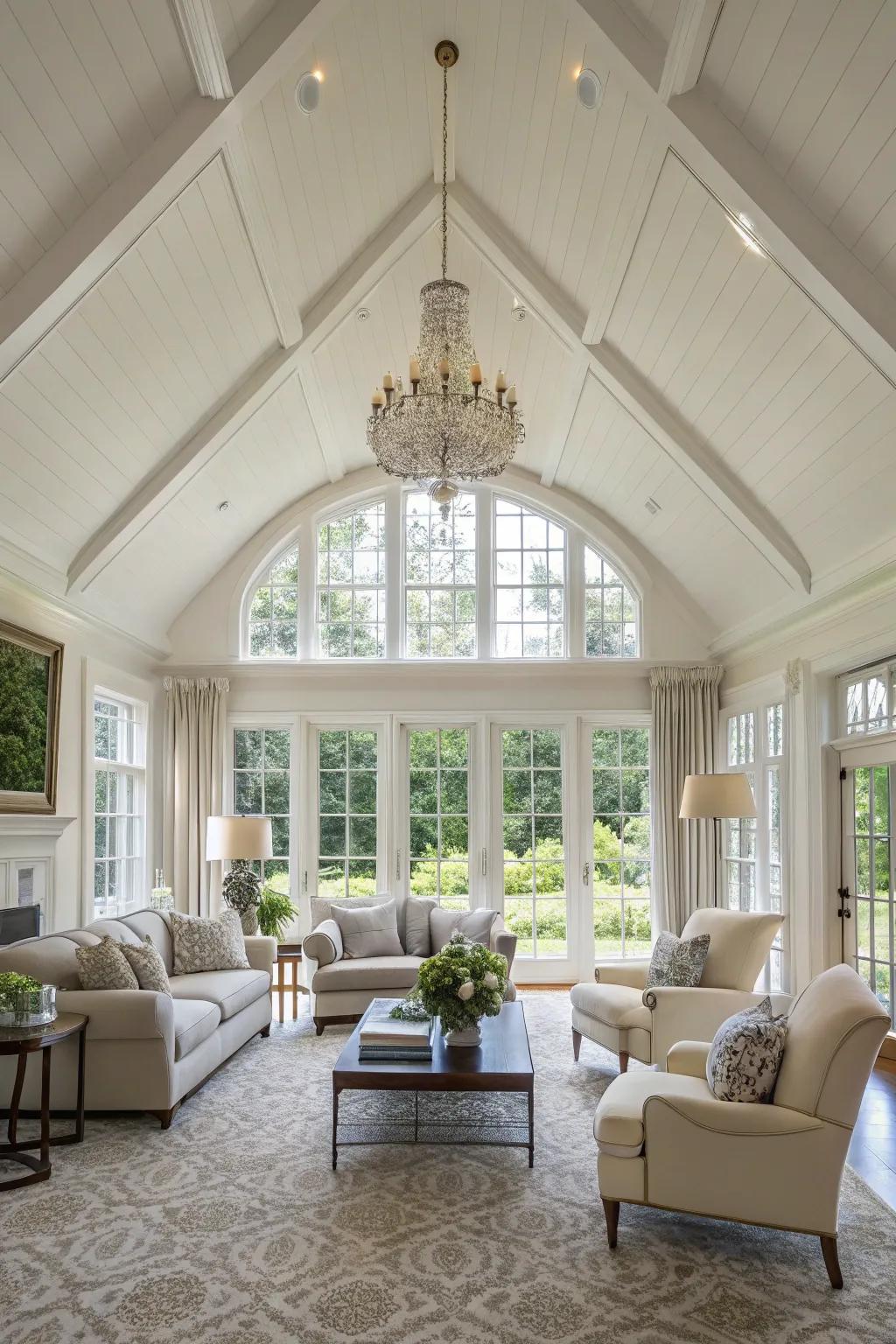 A living area featuring an arched white ceiling, delivering a sense of magnificence and openness.
