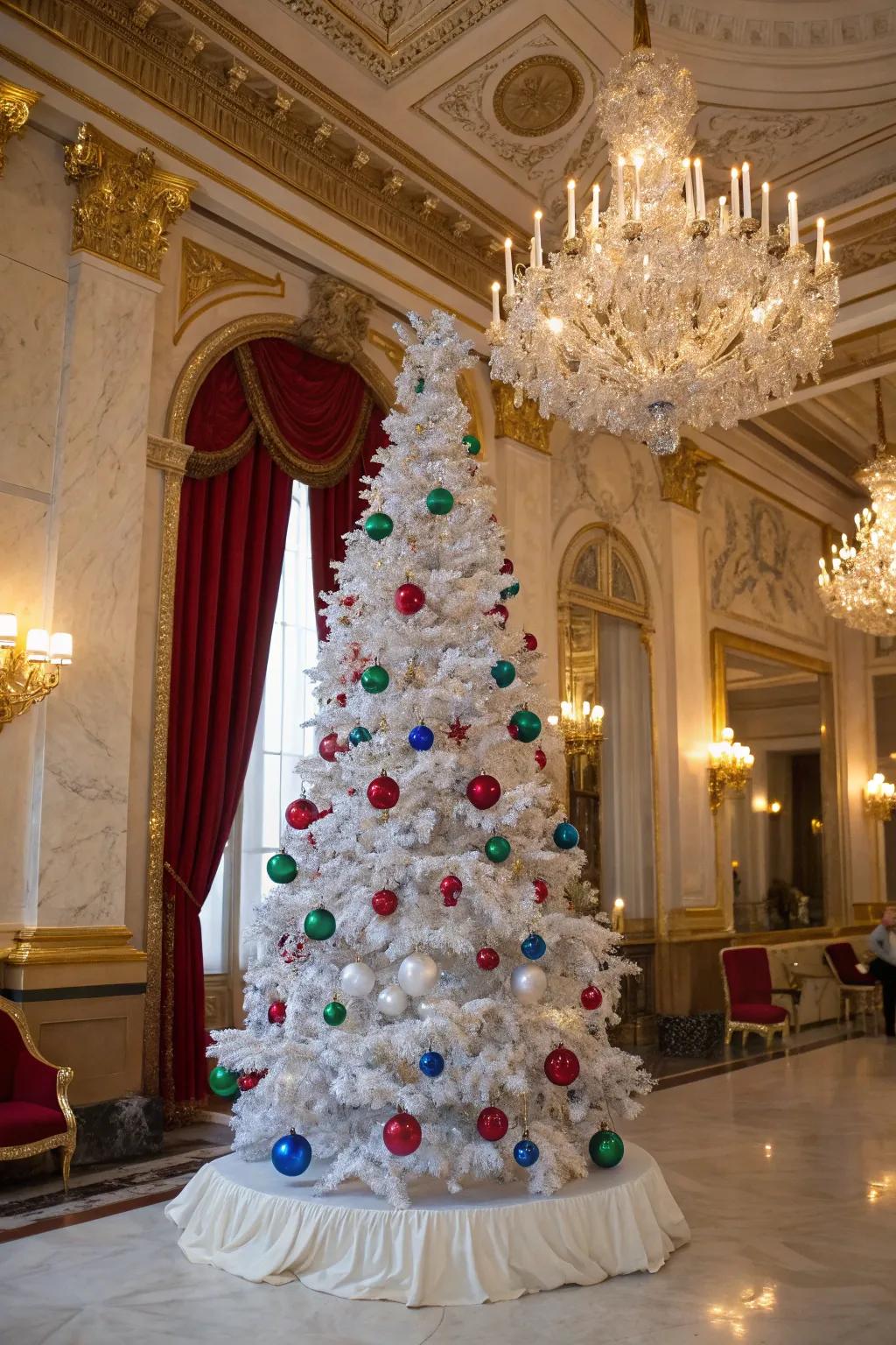 Dazzling gemstone tones on a white Christmas tree.