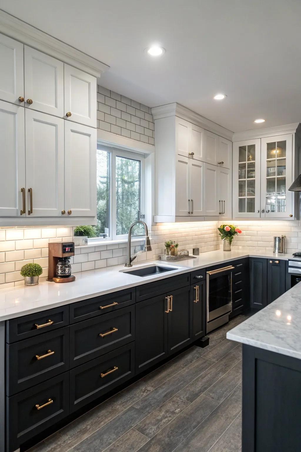 Dual-tone cabinetry introduces depth and a grounded sensation to the radiant kitchen.