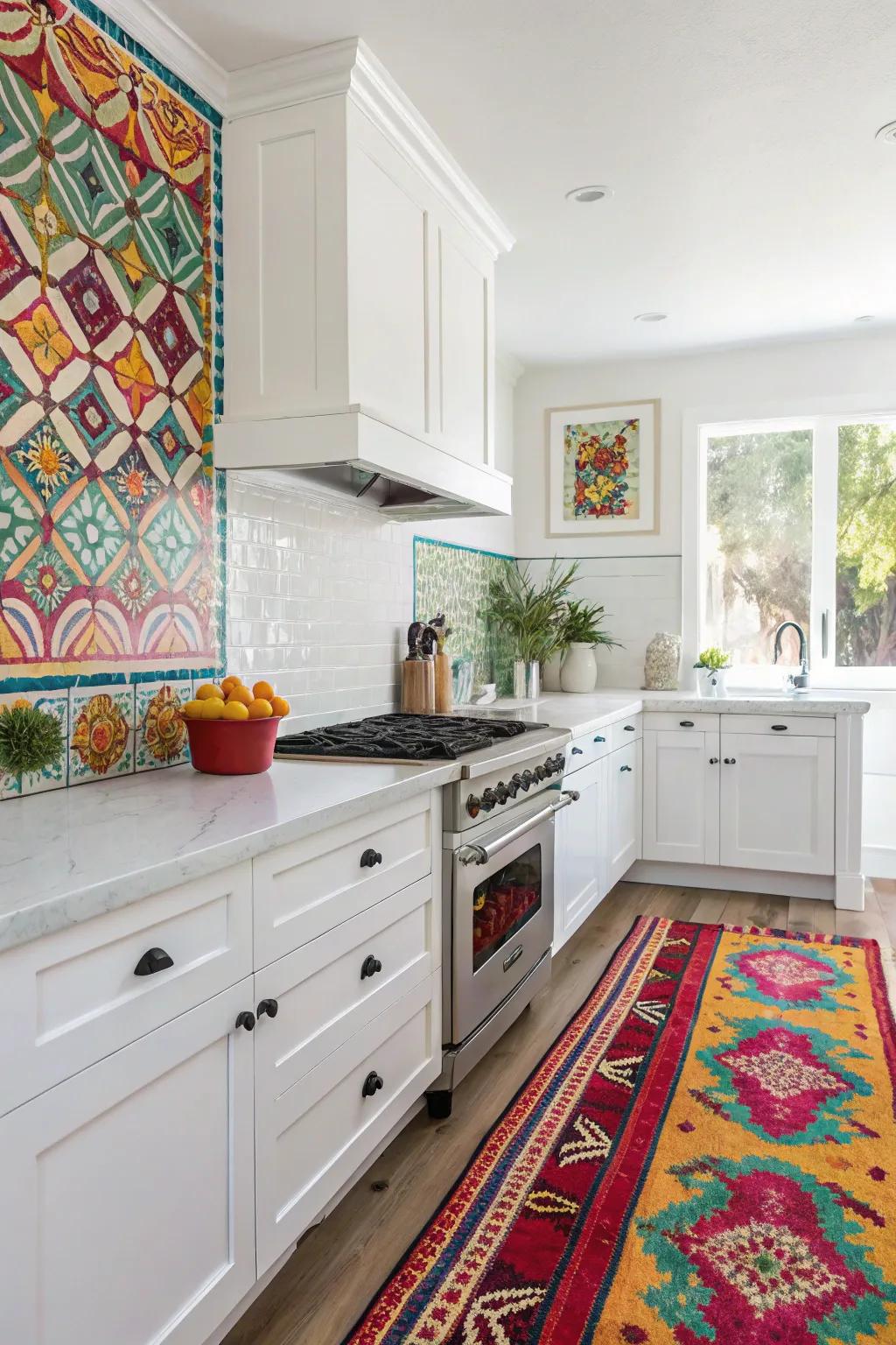 A colorful floor covering and wall add vibrancy to the white kitchen.