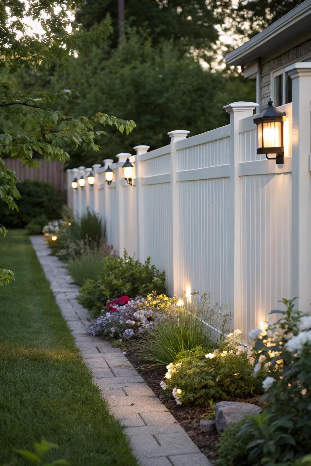Integrated lamps on a white boundary fashion an enchanting nocturnal ambiance.