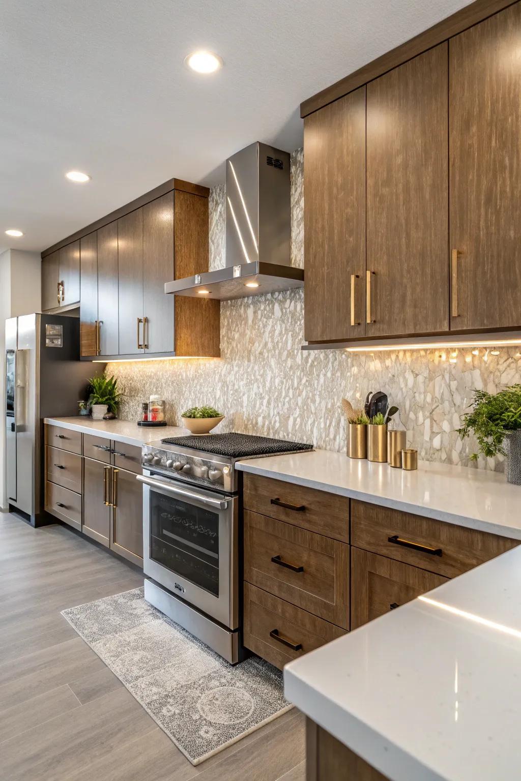 Luxurious kitchen exhibiting a fusion of mineral backsplash and metallic highlights.