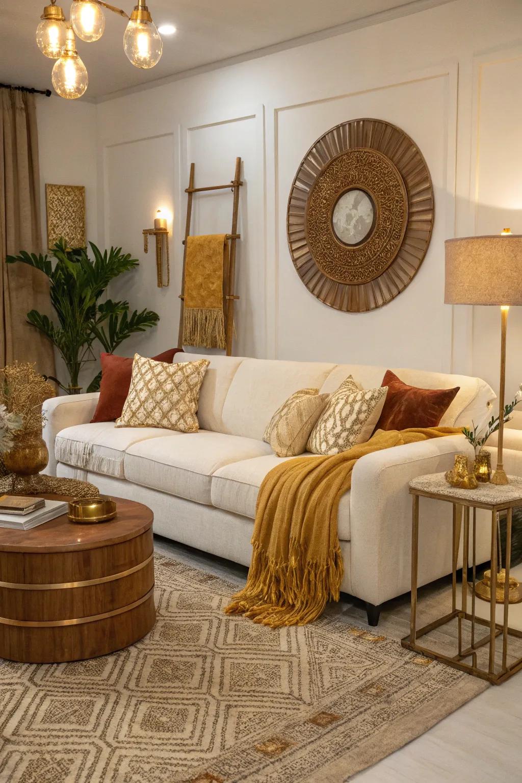 Cozy hued accents add depth to a living room featuring a white sectional.