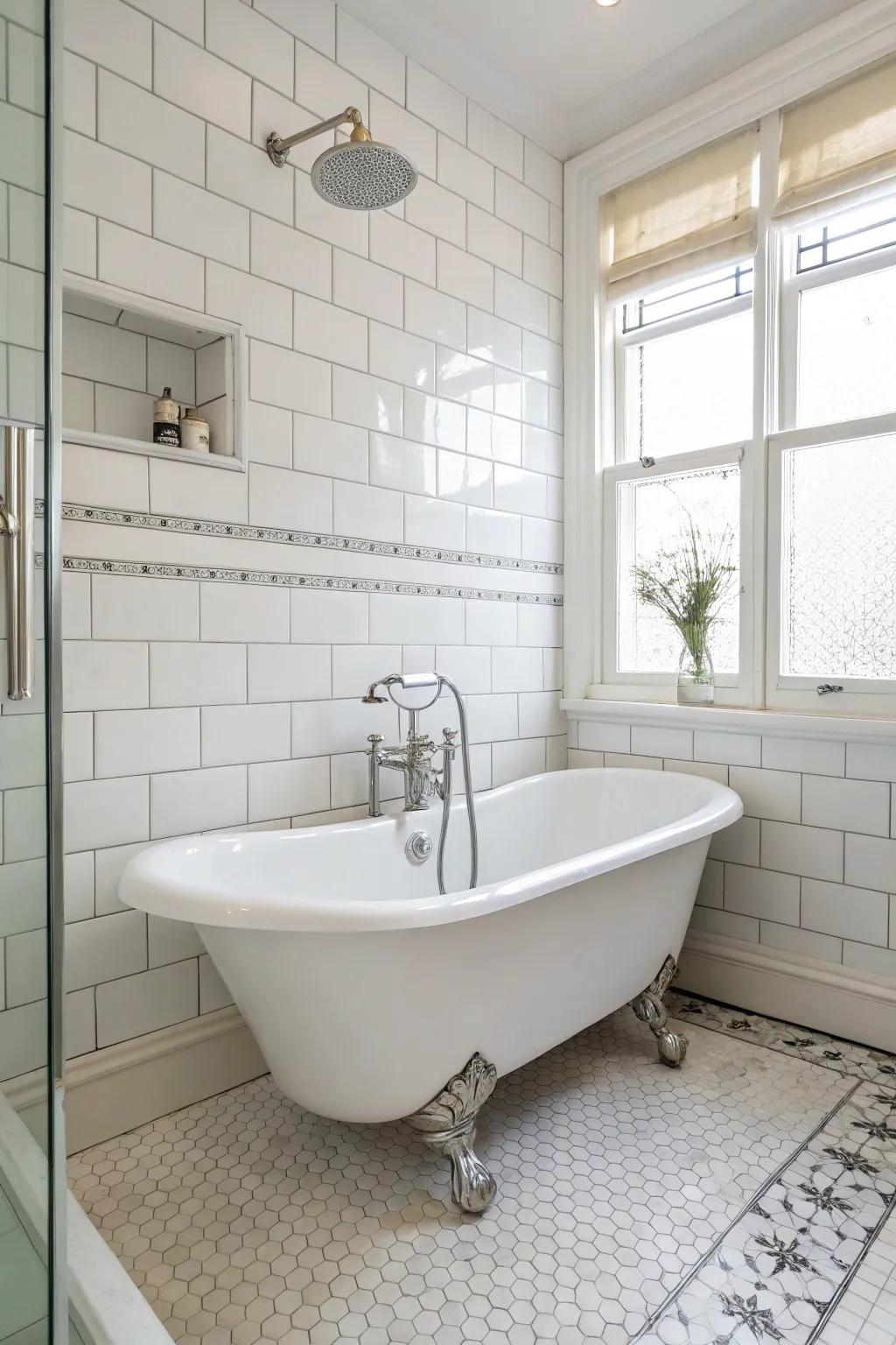 A vintage ball-and-claw tub in a white shower room.