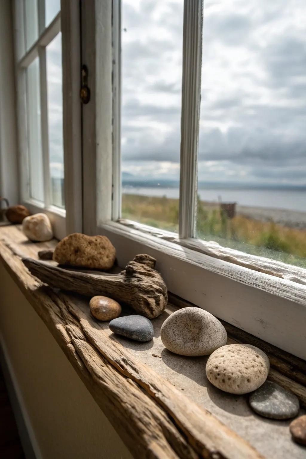 Nature-inspired elements, such as stones and driftwood, enhancing a window sill.