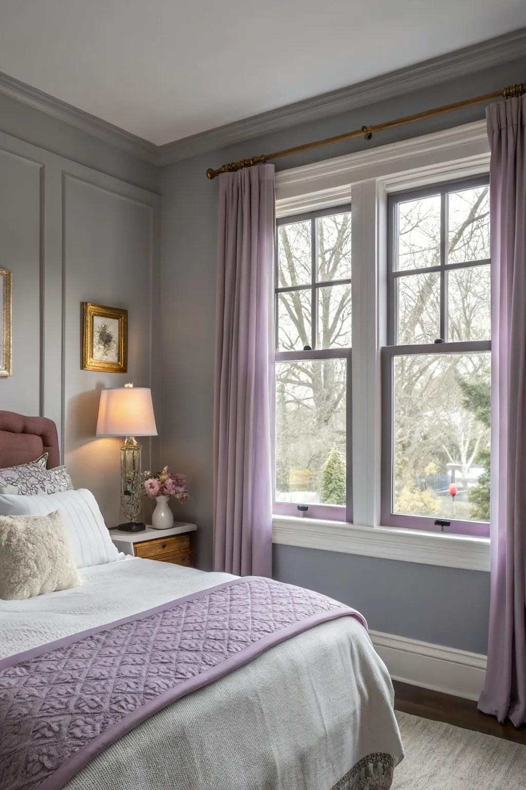 Soft lilac trim adds a calming touch to a bedroom.