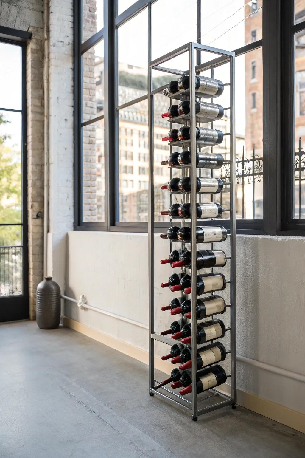 A sleek metal wine rack making a bold statement.
