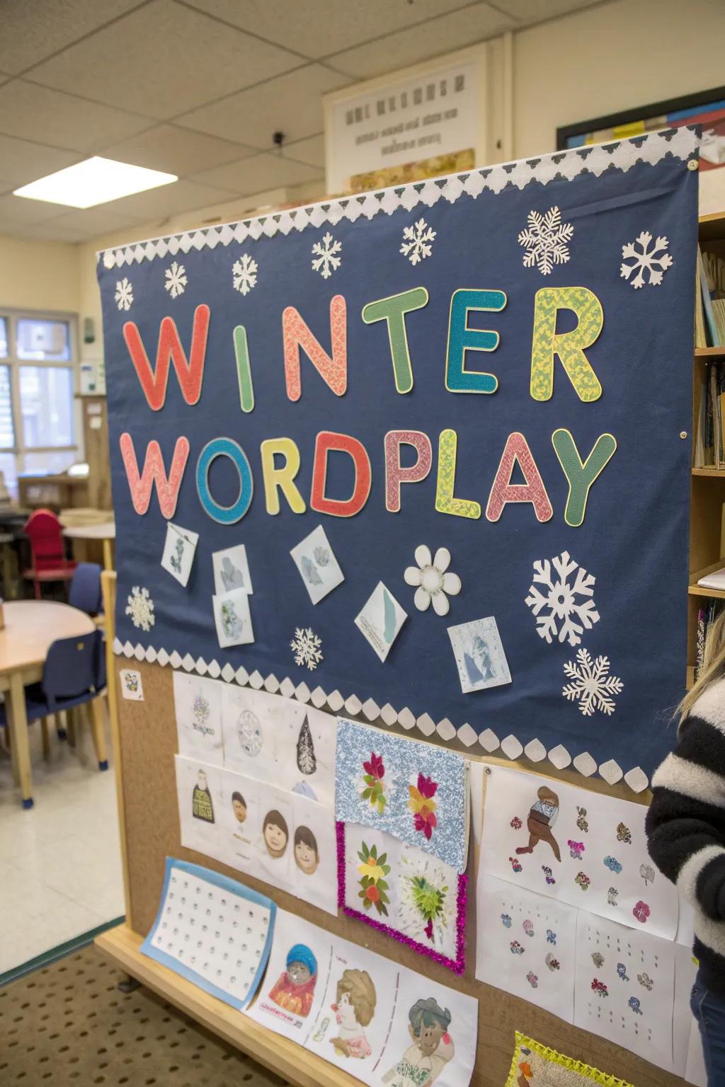 Winter wordplay infuses the bulletin board with a playful linguistic dimension.