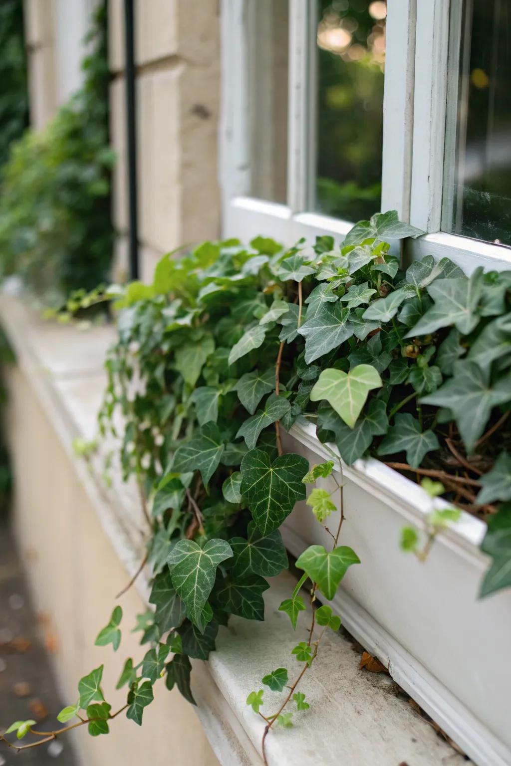 Trailing ivy adds a touch of elegance to this winter window box.
