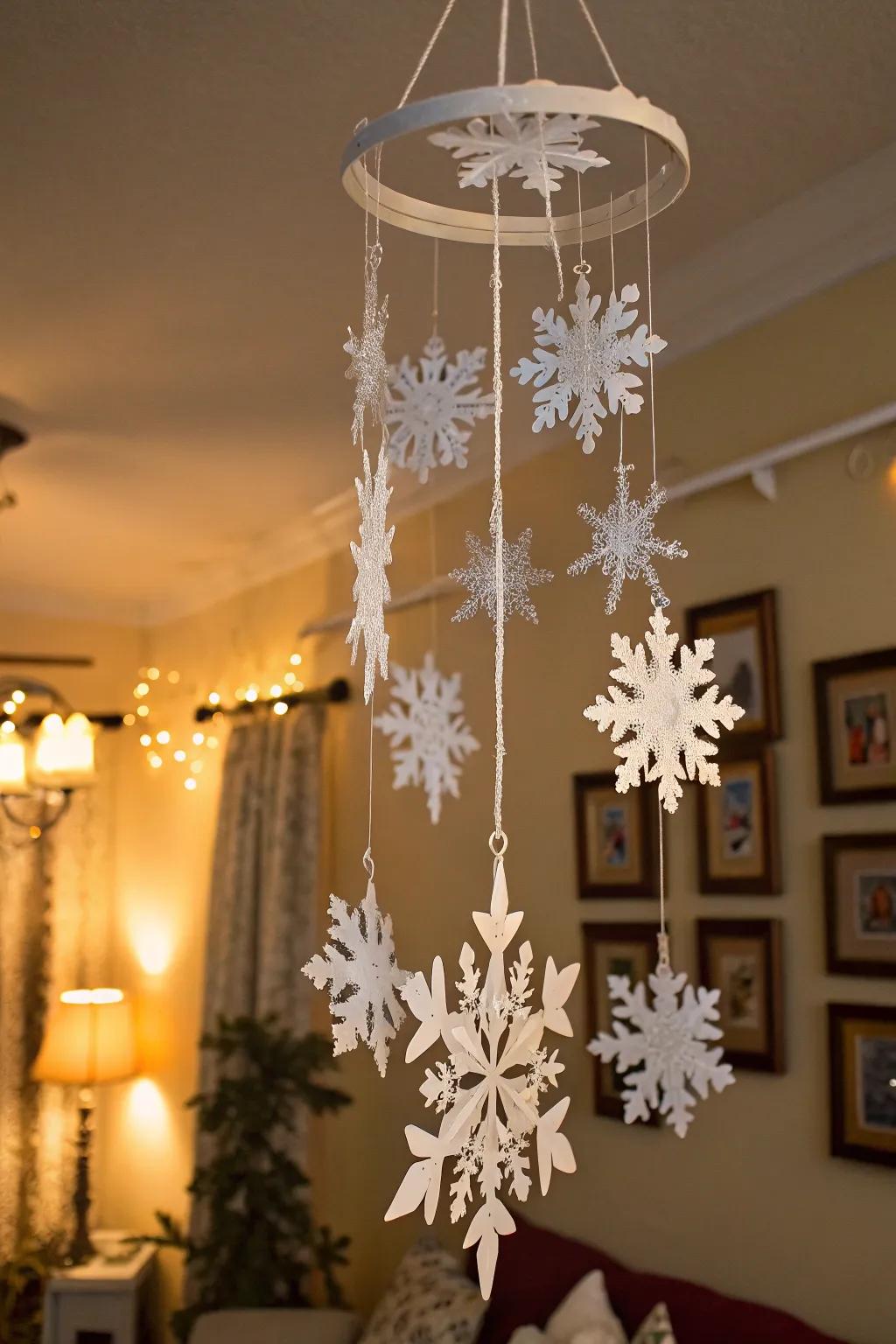 A DIY snowflake mobile introduces a playful element to your decor.