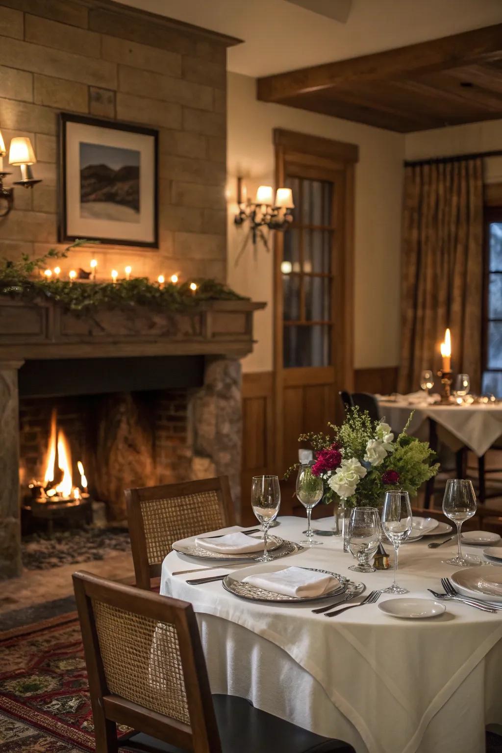 A warm dining area ambiance featuring a fireplace.
