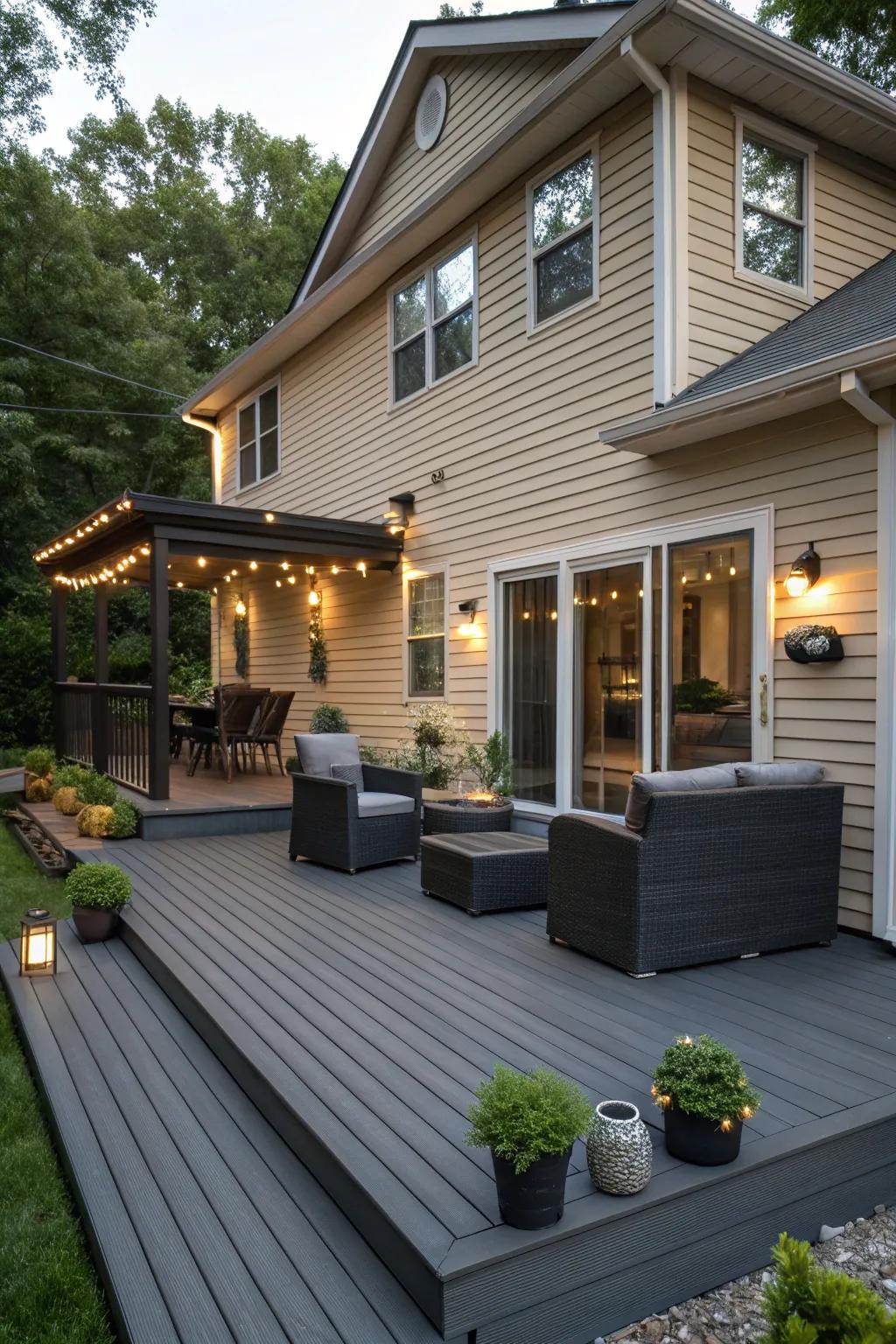 Charcoal decking adds a sophisticated and modern contrast to a tan house.