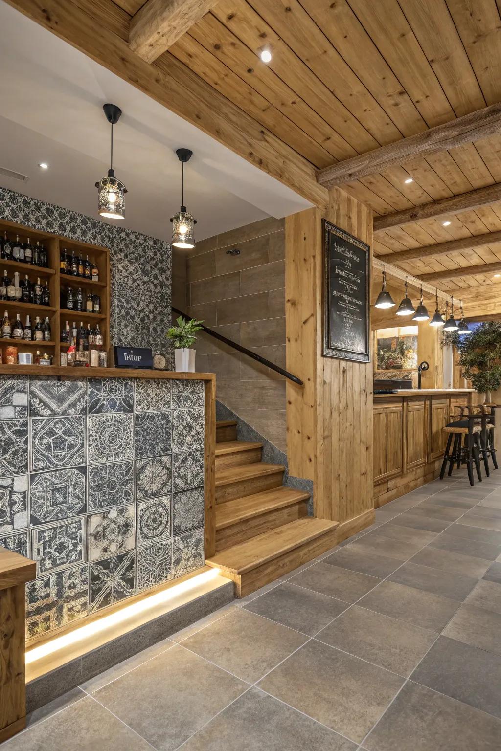 Rustic wood meets modern tiles in a stylish interior setting.