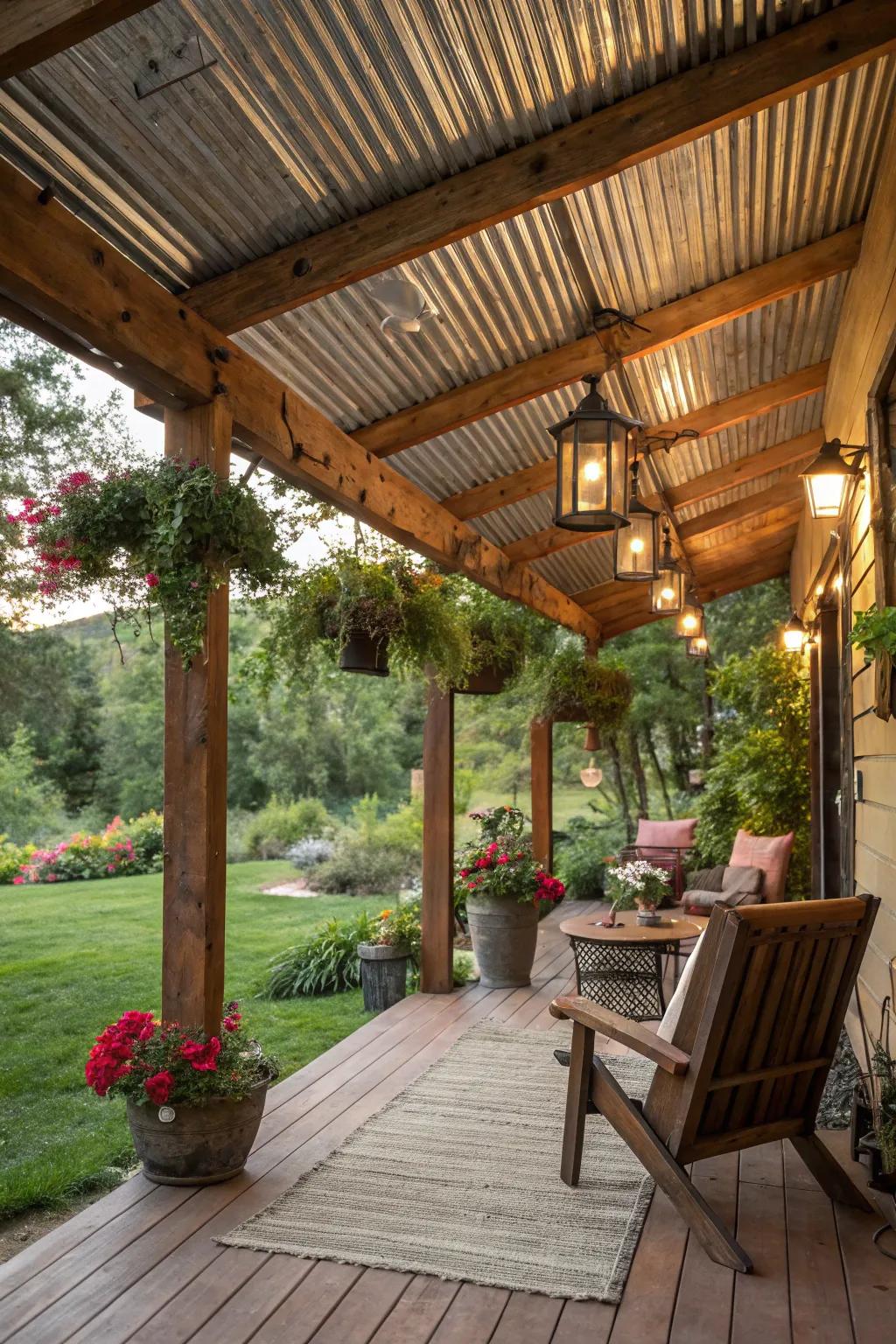 A rustic wooden patio cover with a charming tin roof.