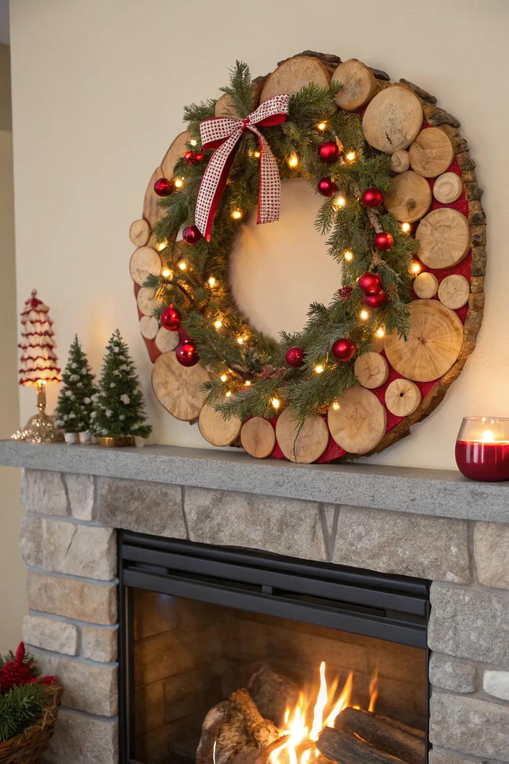 Festive wood slice wreath for holiday cheer.