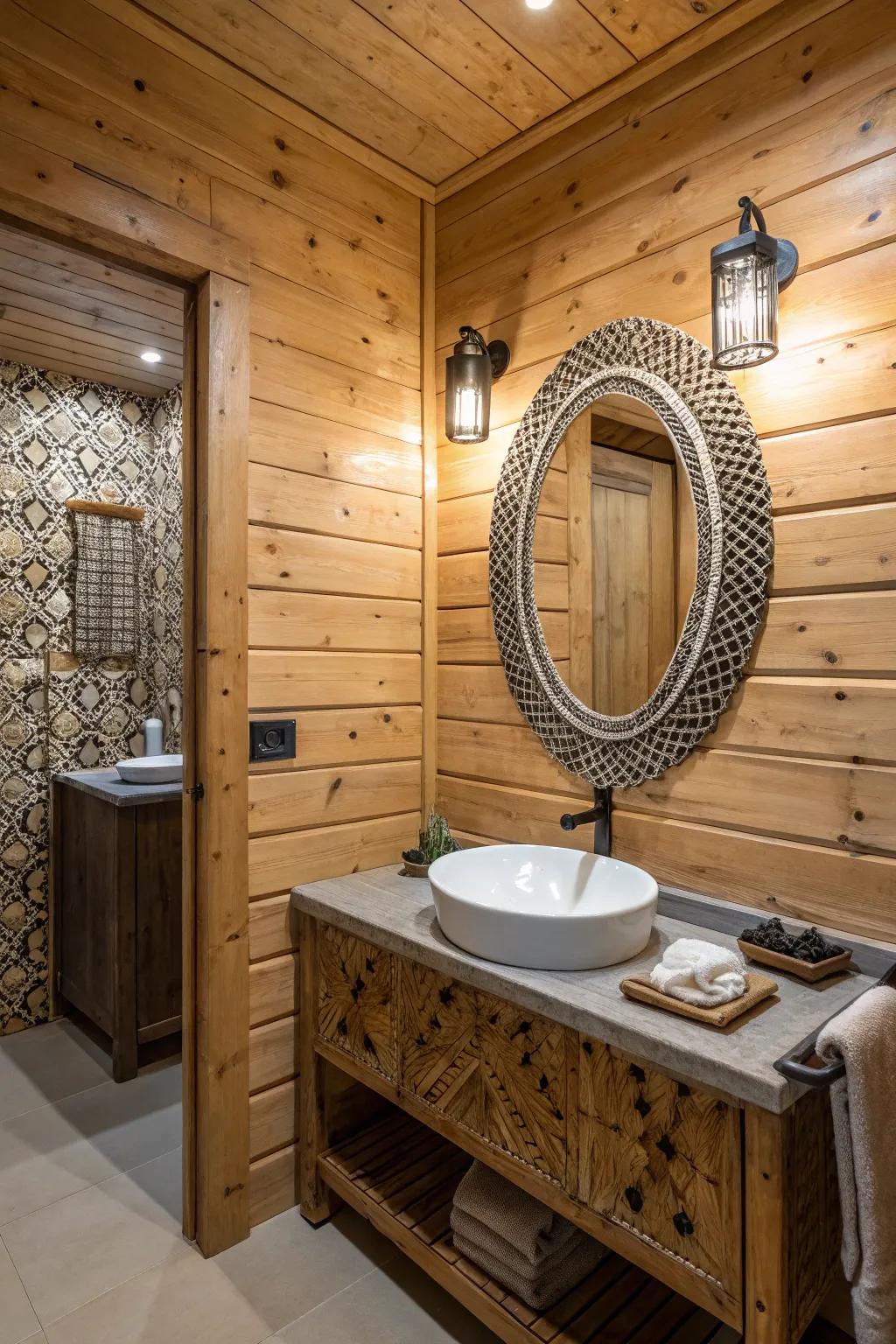 A special mirror adds character in this wood-walled bathroom.