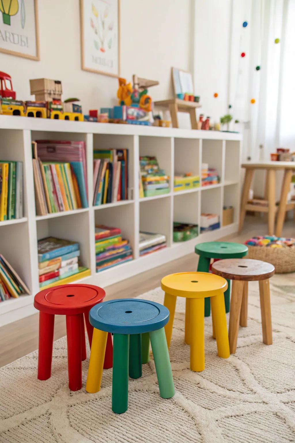 The children's play area is made more enjoyable with colorful wood stools.