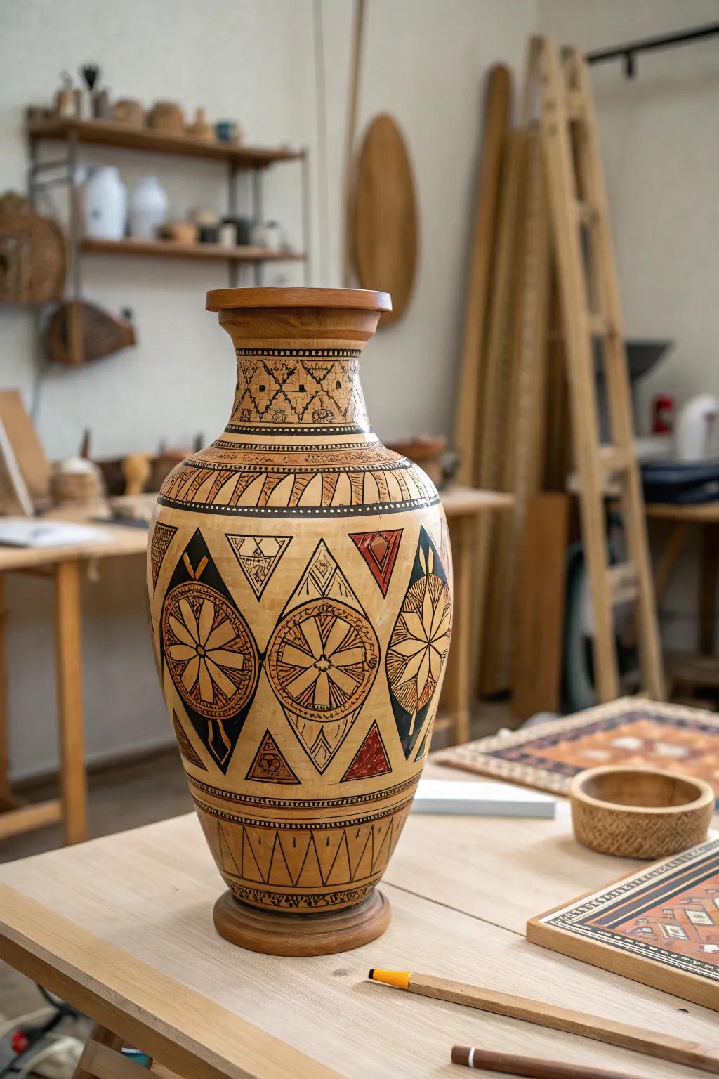 Incorporate artistic elements through overlay-designed timber vessels.