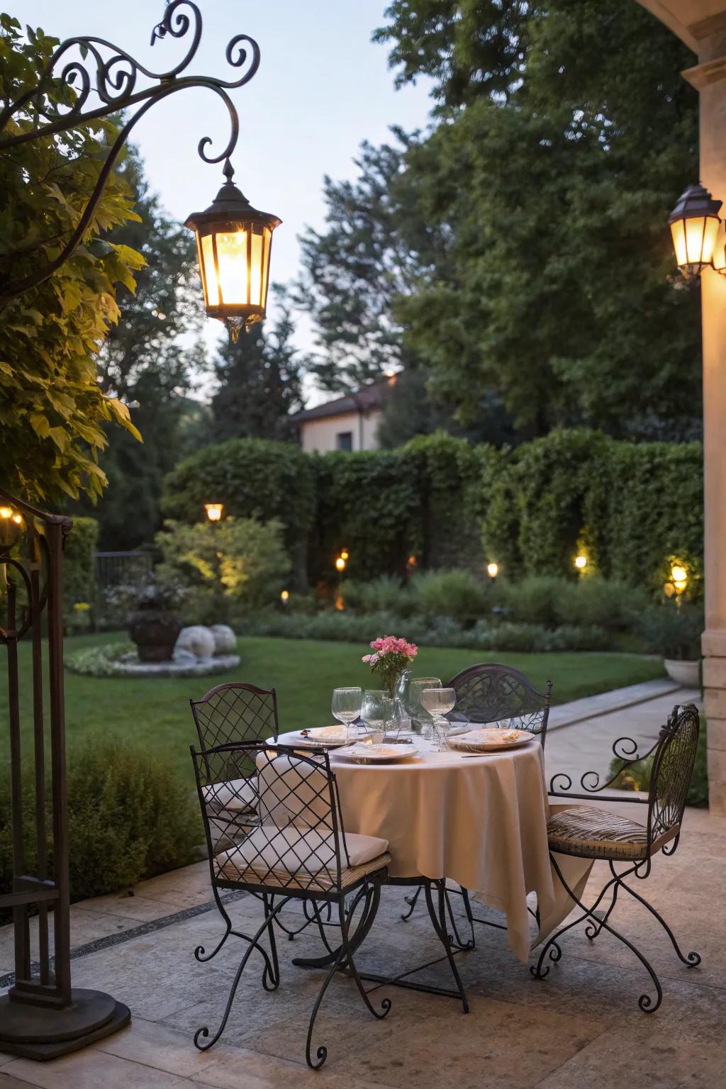 Iron furniture enhances the atmosphere of outdoor dining.