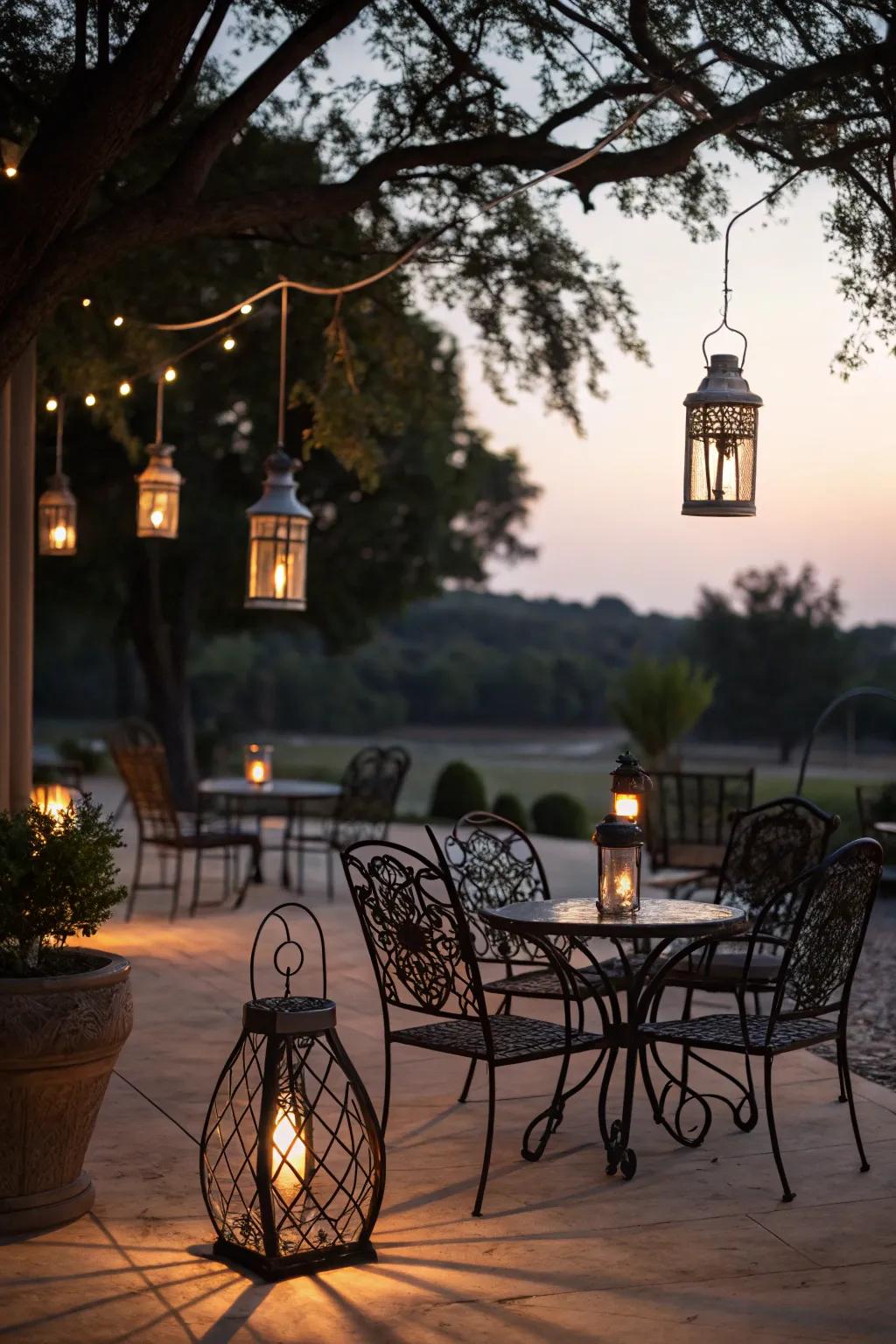 Suspended lanterns cast a mesmerizing glow over wrought iron seating.