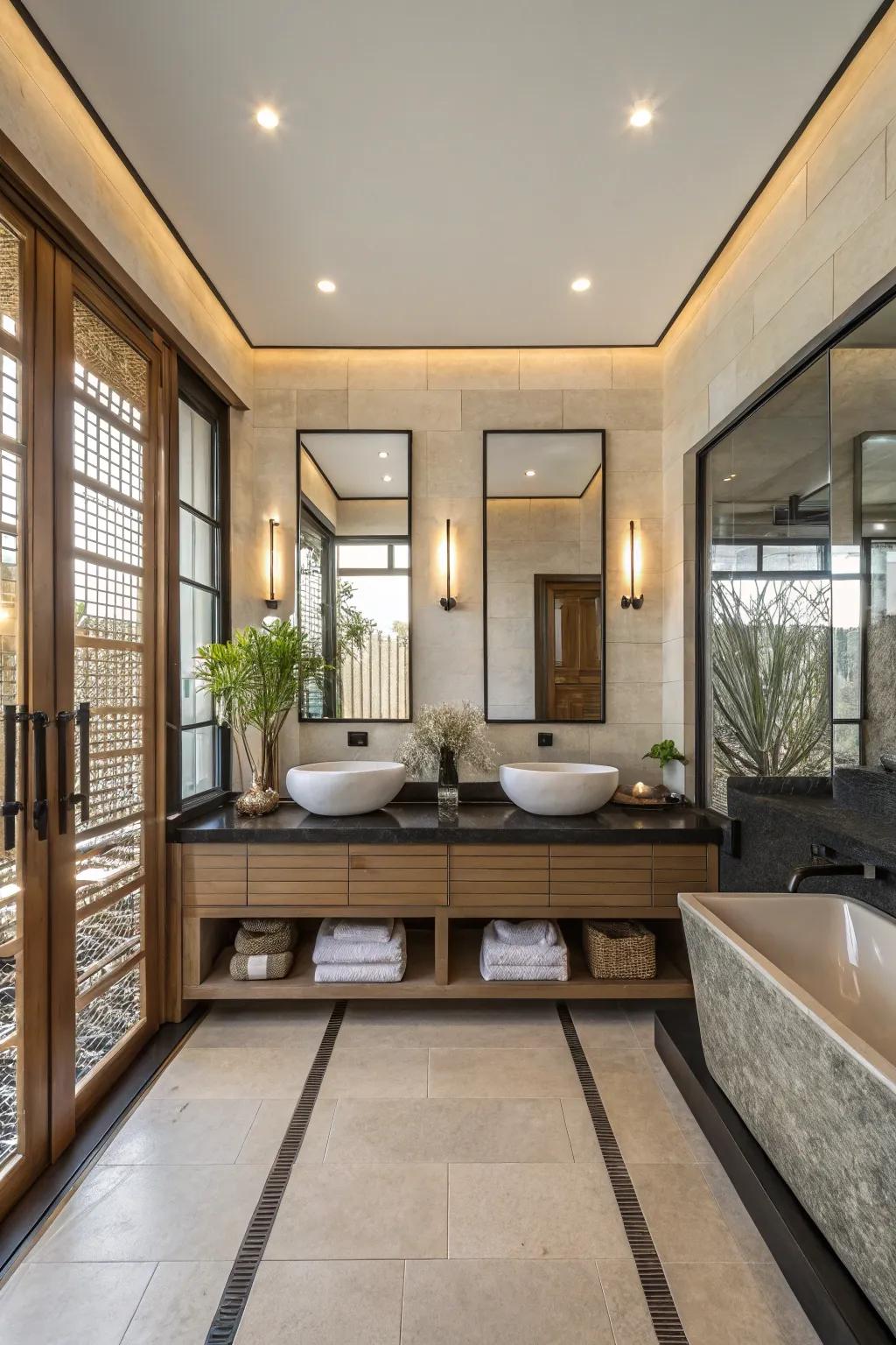 Symmetry brings about a sense of balance to a zen restroom.