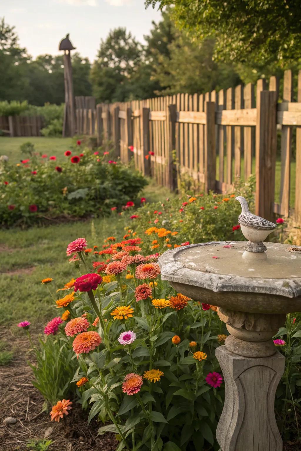 Vintage charm pervades a Glowbloom garden, accentuated by a wooden surround and birdbath.