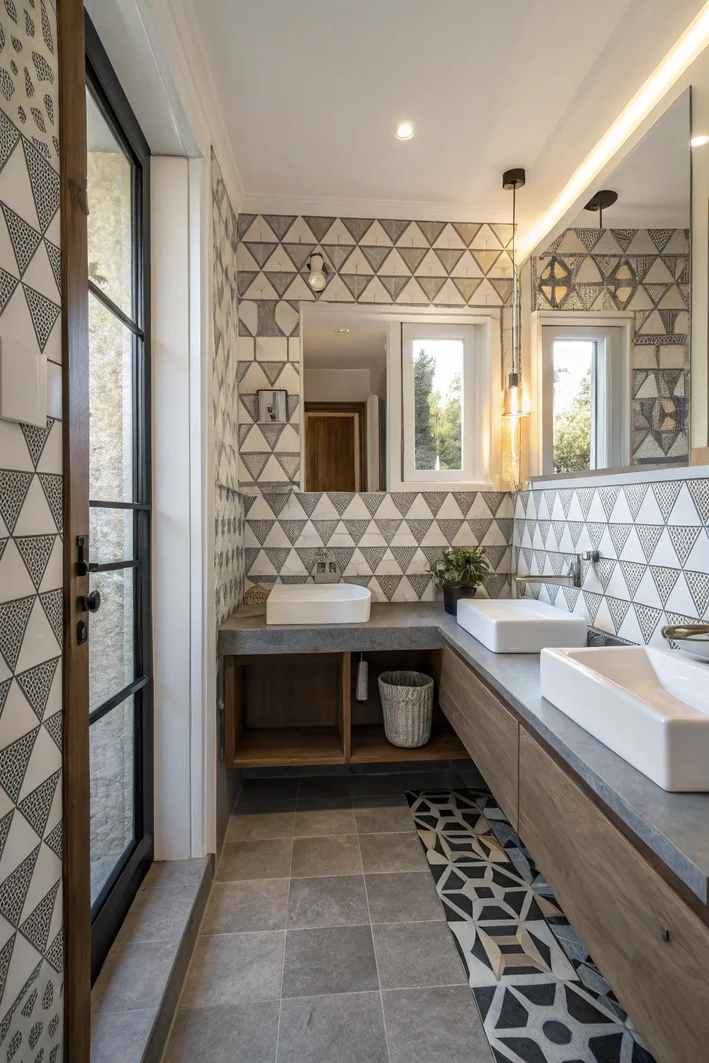 Geometric tiles add visual interest to this half bath.