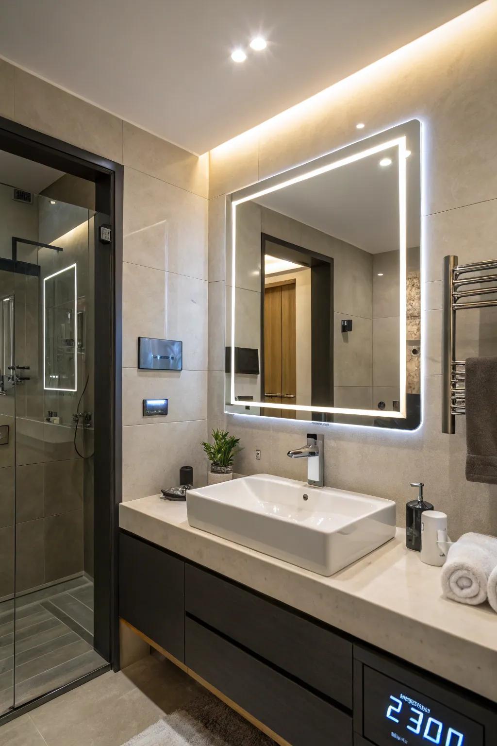 Smart mirror technology elevates functionality in a modern bathroom.