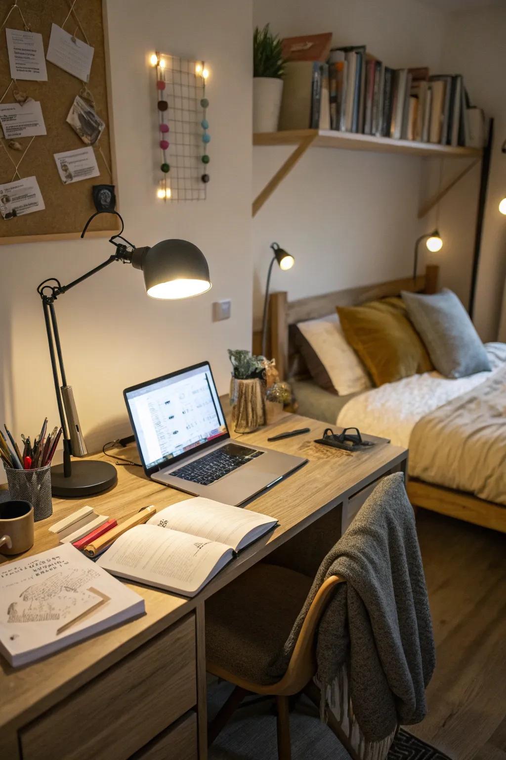 A study nook with focused lighting for a productive learning environment.