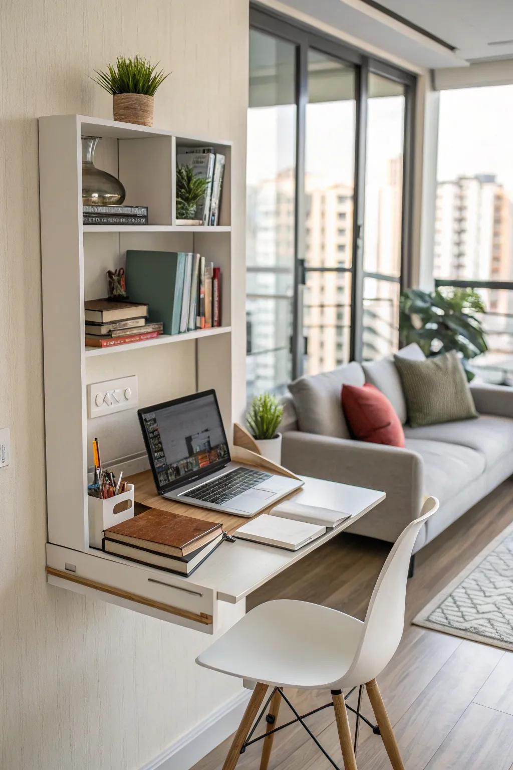 Wall-affixed desks offer a practical and space-saving work solution.